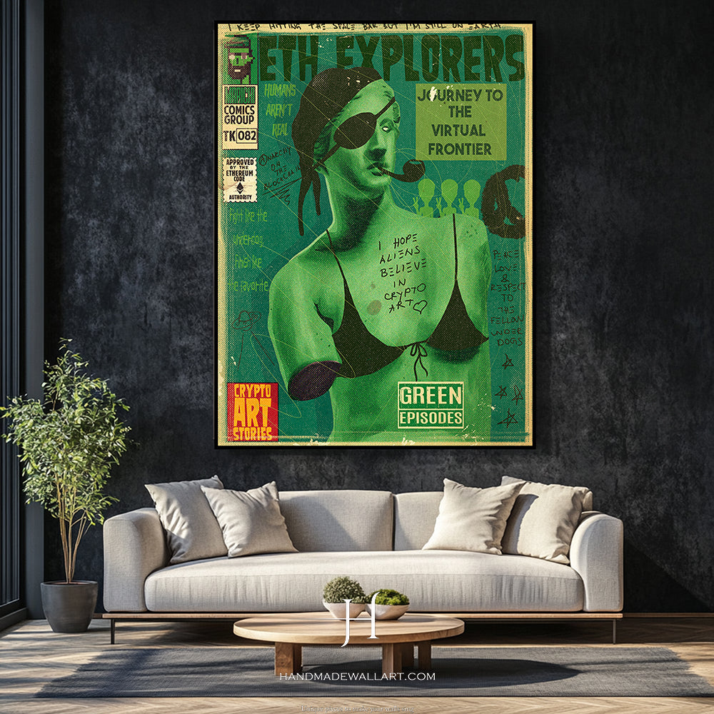 a living room with a couch and a poster on the wall