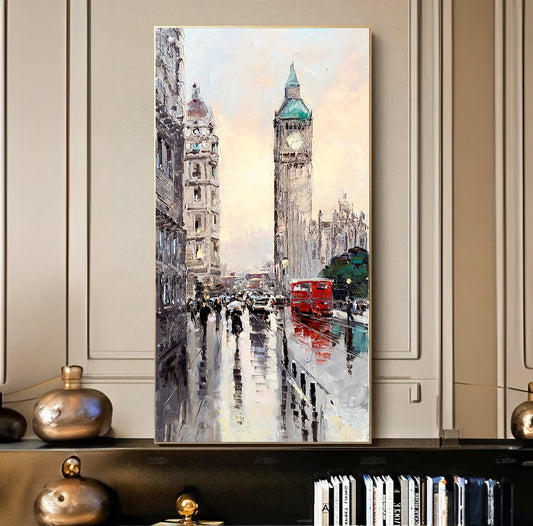 a painting of a city with a clock tower