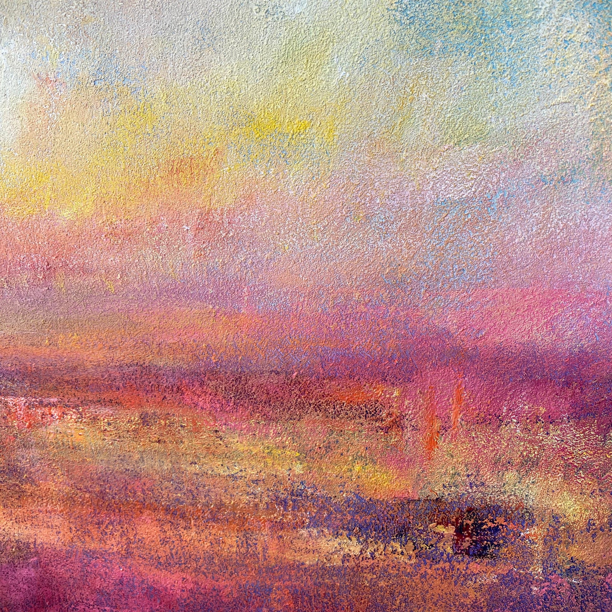 The image is a vibrant abstract painting with a mix of warm and cool colors, depicting a dynamic landscape with a sunset or sunrise.