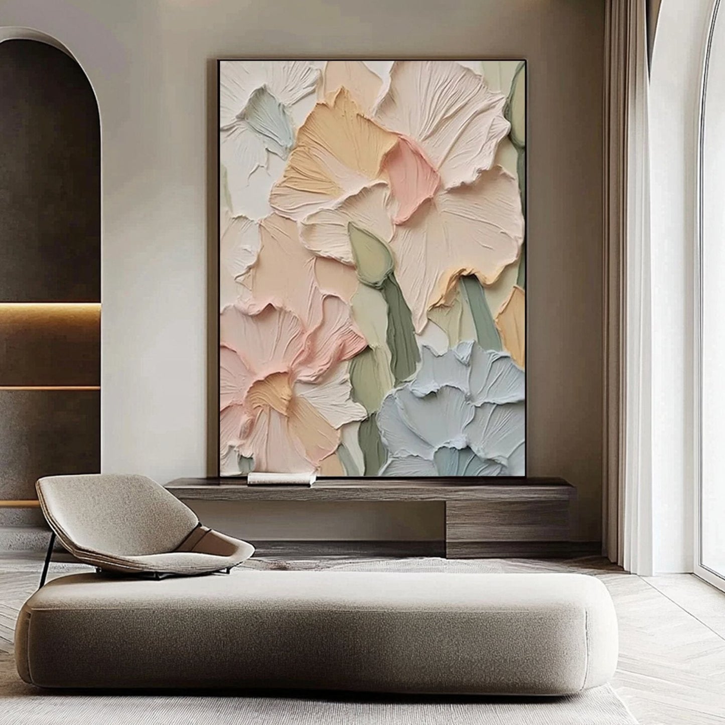 a large, abstract painting of colorful flowers on the wall of a modern living room.