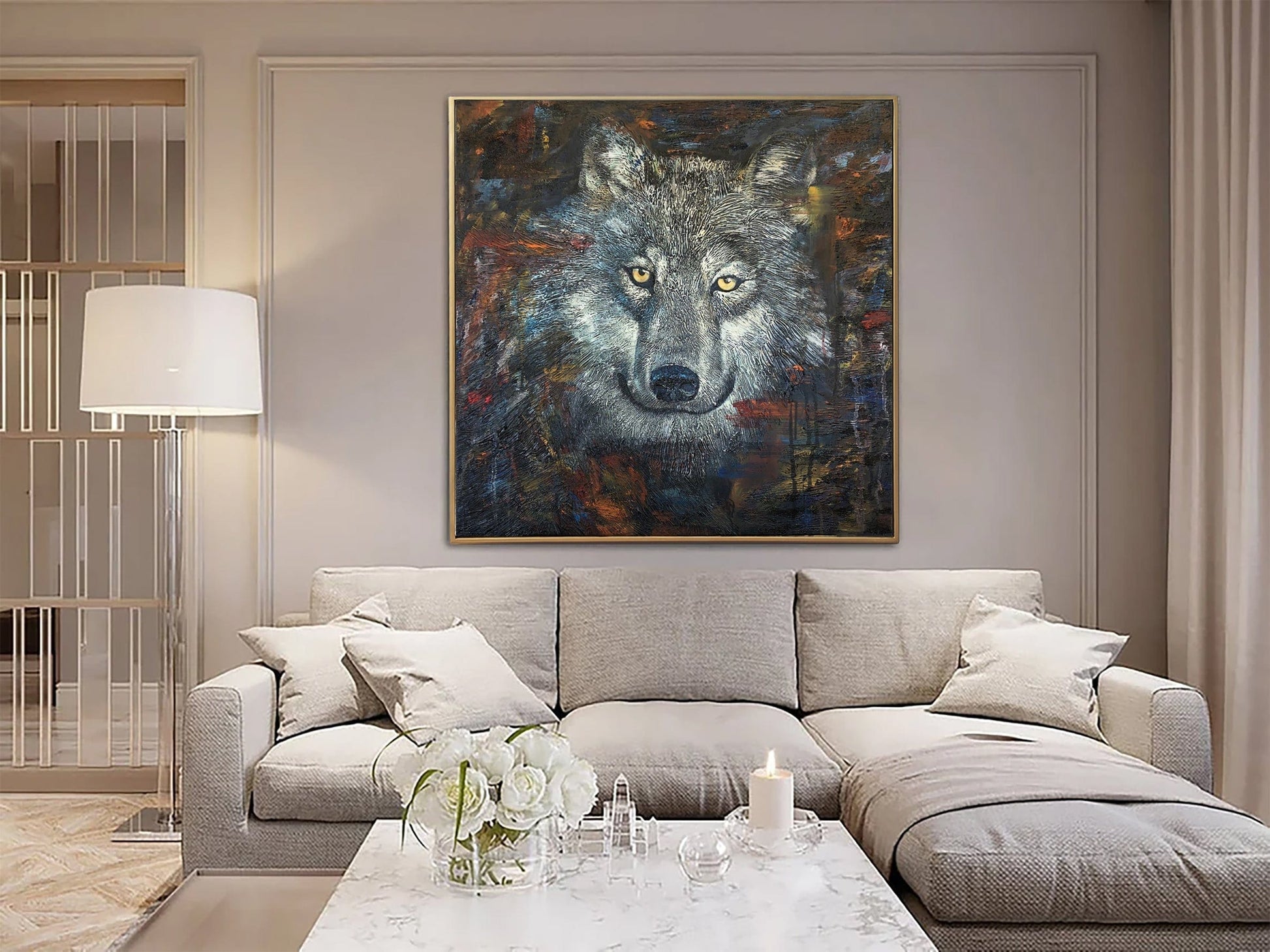 a living room with a large painting of a wolf on the wall