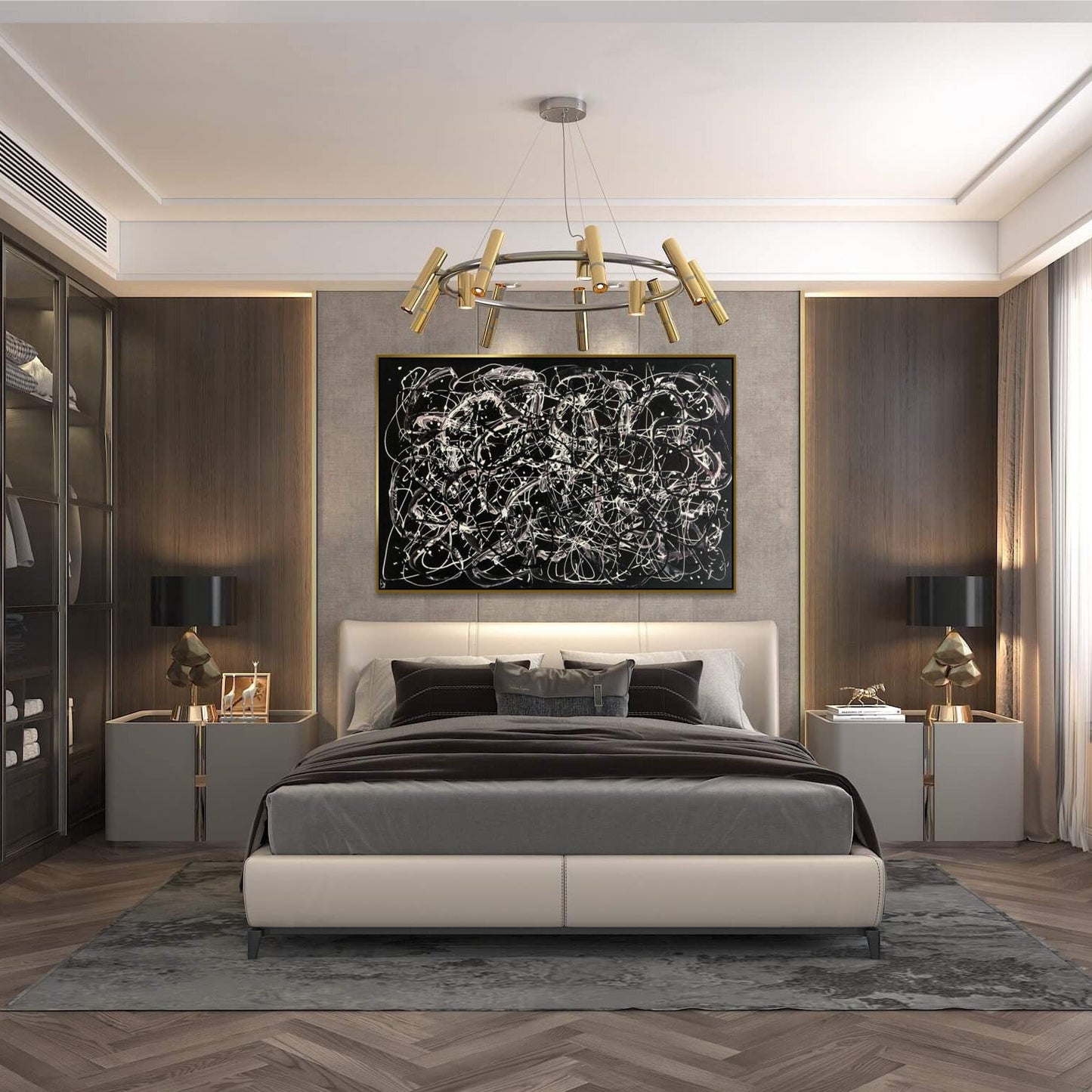 a luxurious bedroom with a large bed, dark bedding, and a modern black and white abstract painting on the wall. The room features a chandelier, a large mirror, and a wooden floor.