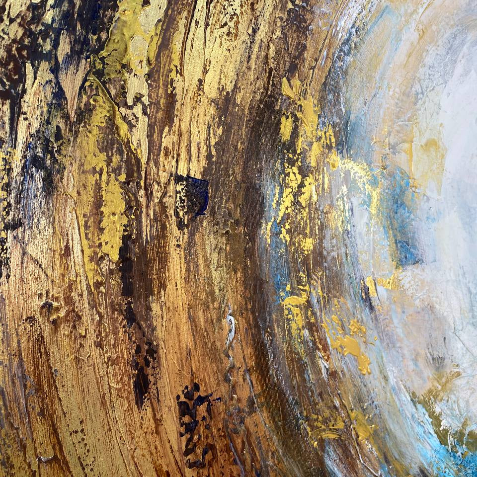 The image is an abstract painting with a mix of warm and cool colors, featuring bold brushstrokes and a textured surface.