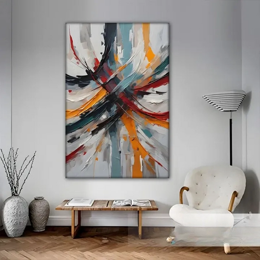 a large abstract painting hanging on a wall in a modern living room setting.