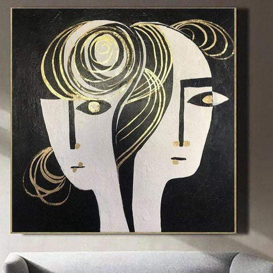 a painting of two women's faces on a black and white background