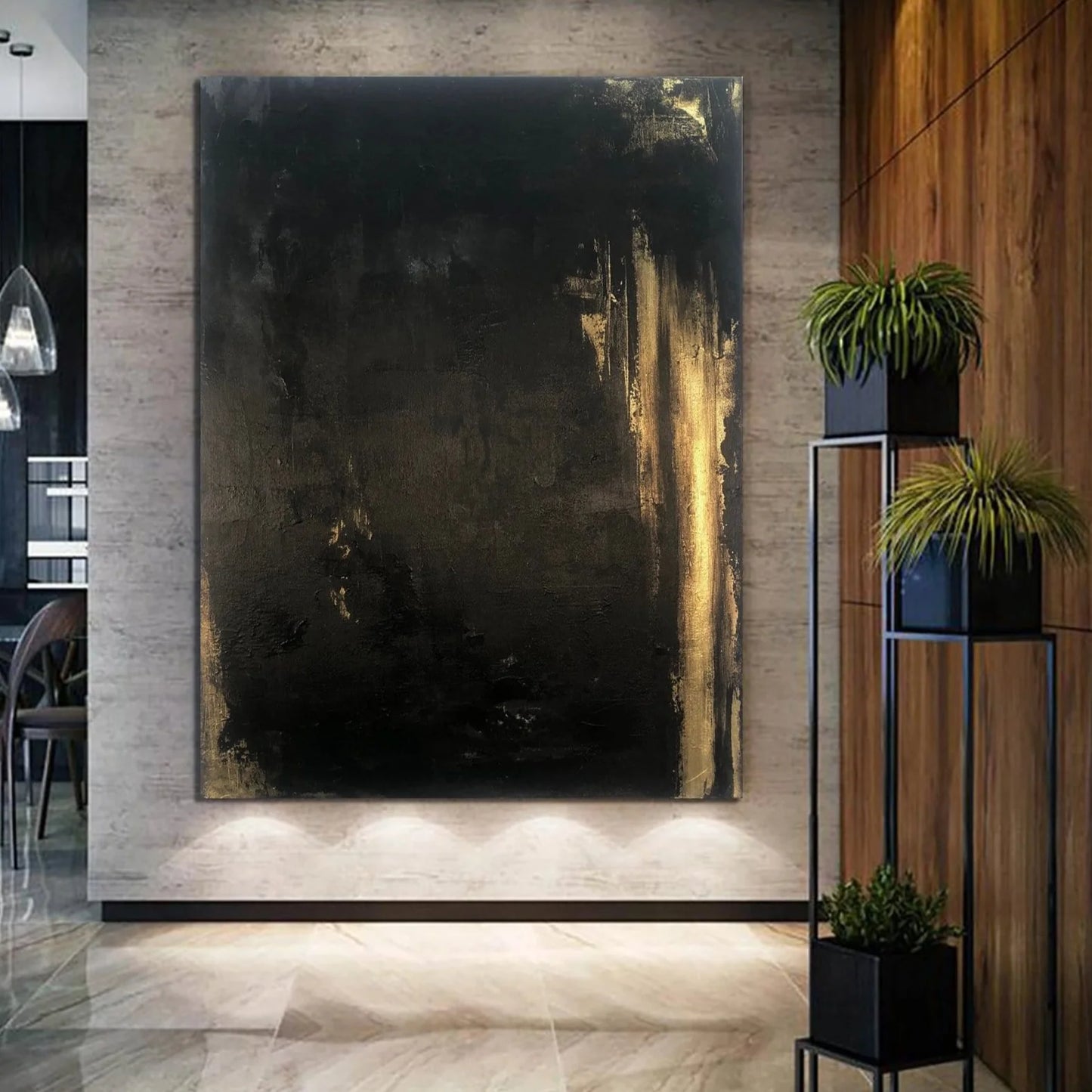 a modern interior design with a large abstract painting on the wall, a potted plant on a stand, and a dining table visible in the background.