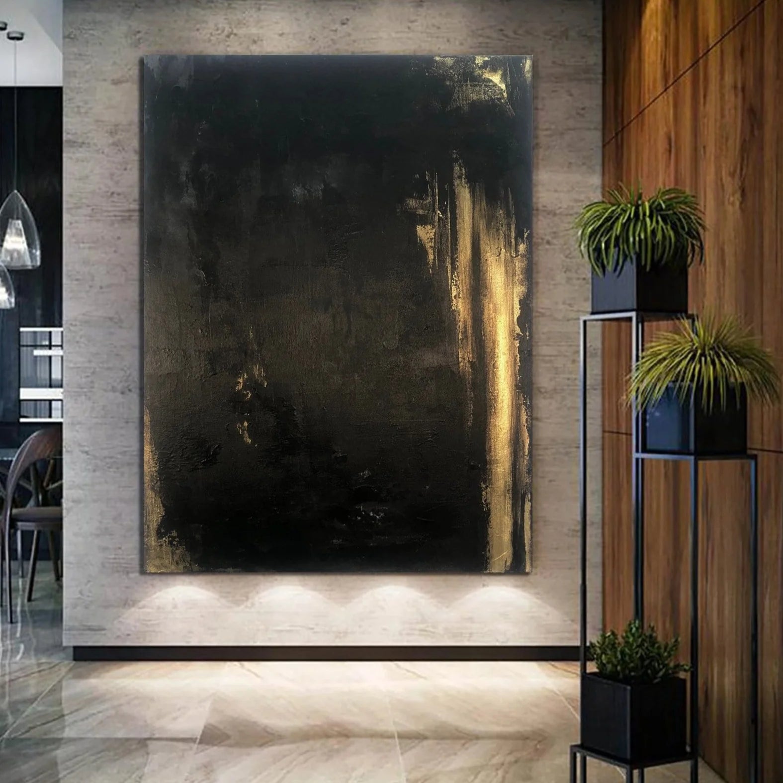 a modern interior design with a large abstract painting on the wall, a potted plant on a stand, and a dining table visible in the background.