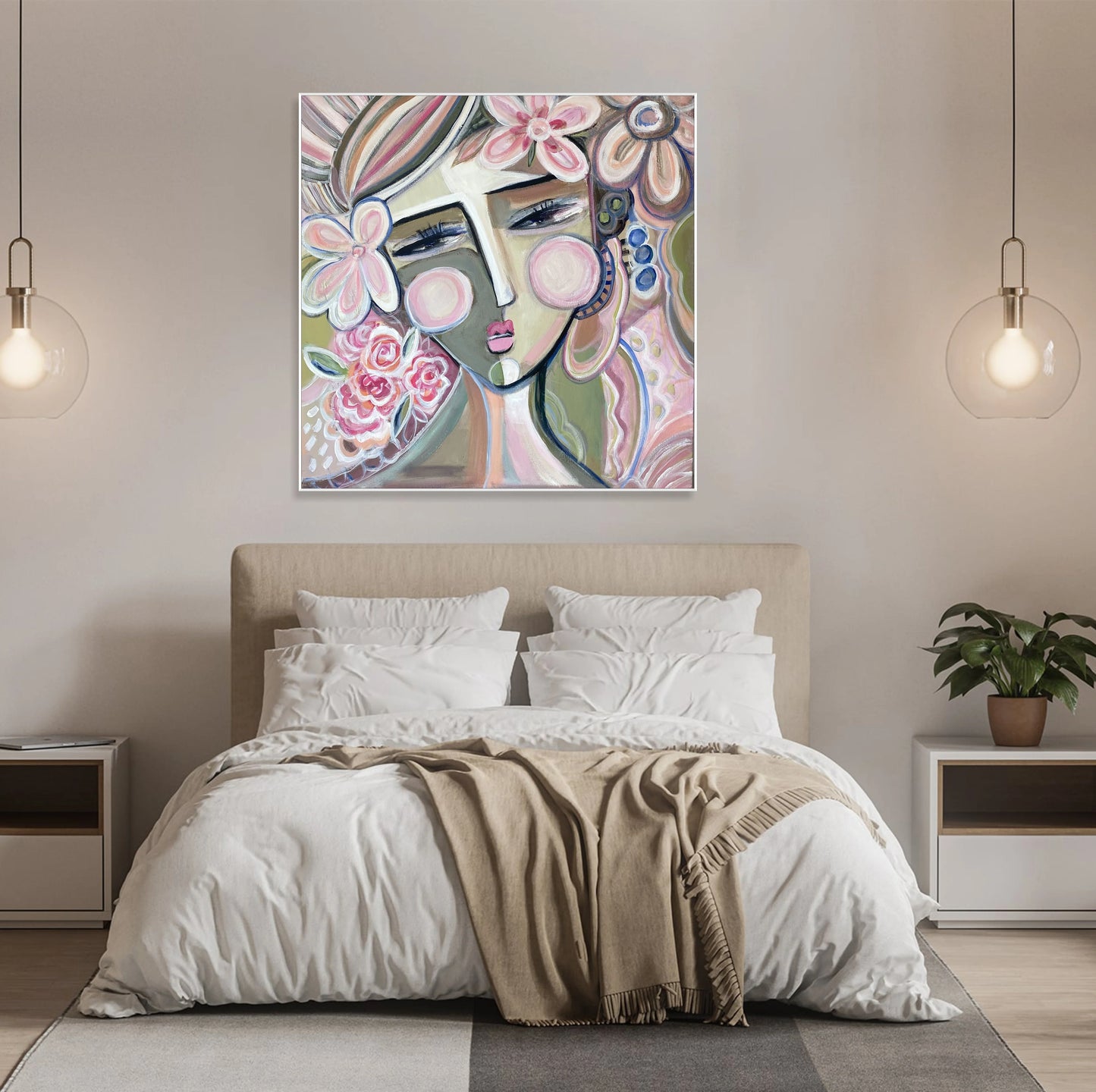 a bedroom with a large bed, a painting of a woman's face with flowers hanging above it, and two pendant lights on either side of the bed.