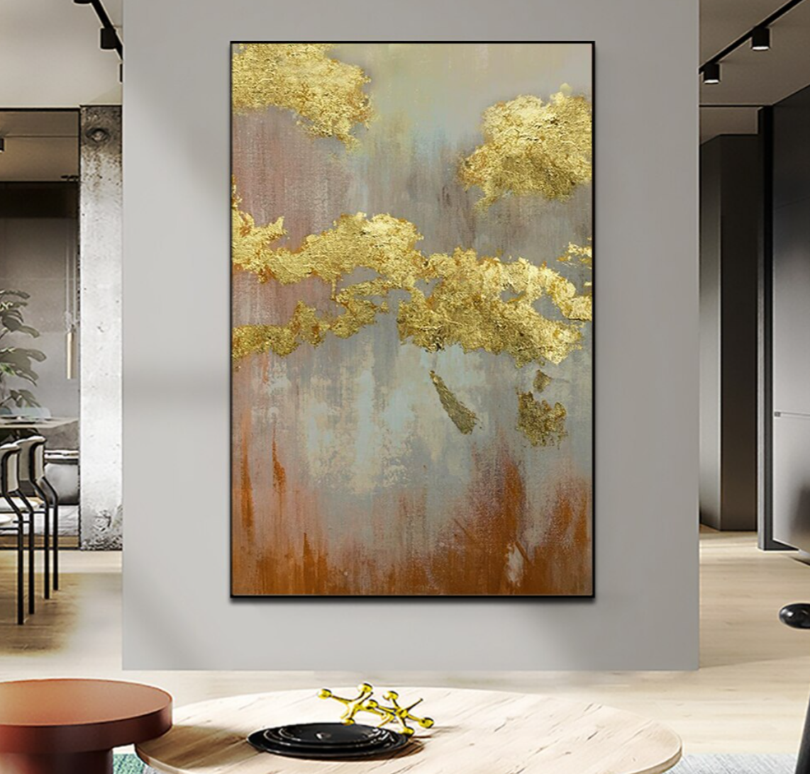 a painting hanging on a wall in a living room