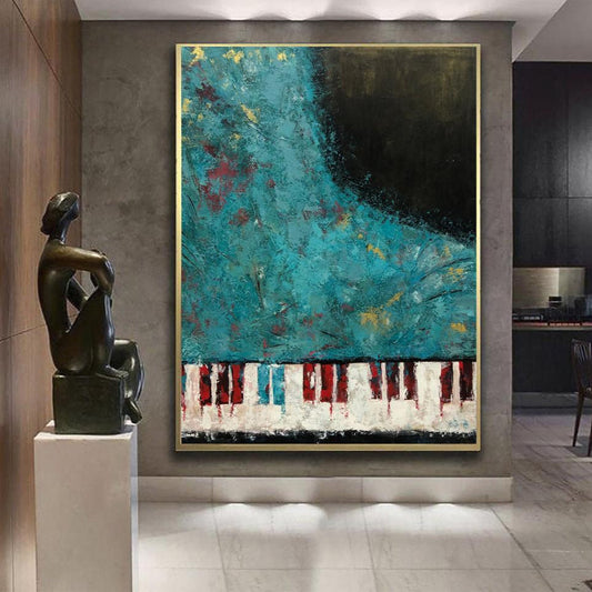 a large abstract painting with a striking blue and green color palette, displayed on a wall in a modern art gallery setting.