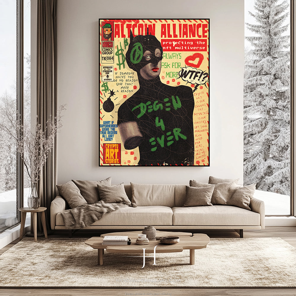 a living room with a couch and a painting on the wall