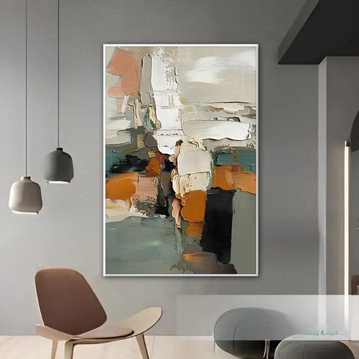 a large abstract painting hanging on a wall in a modern living room setting.