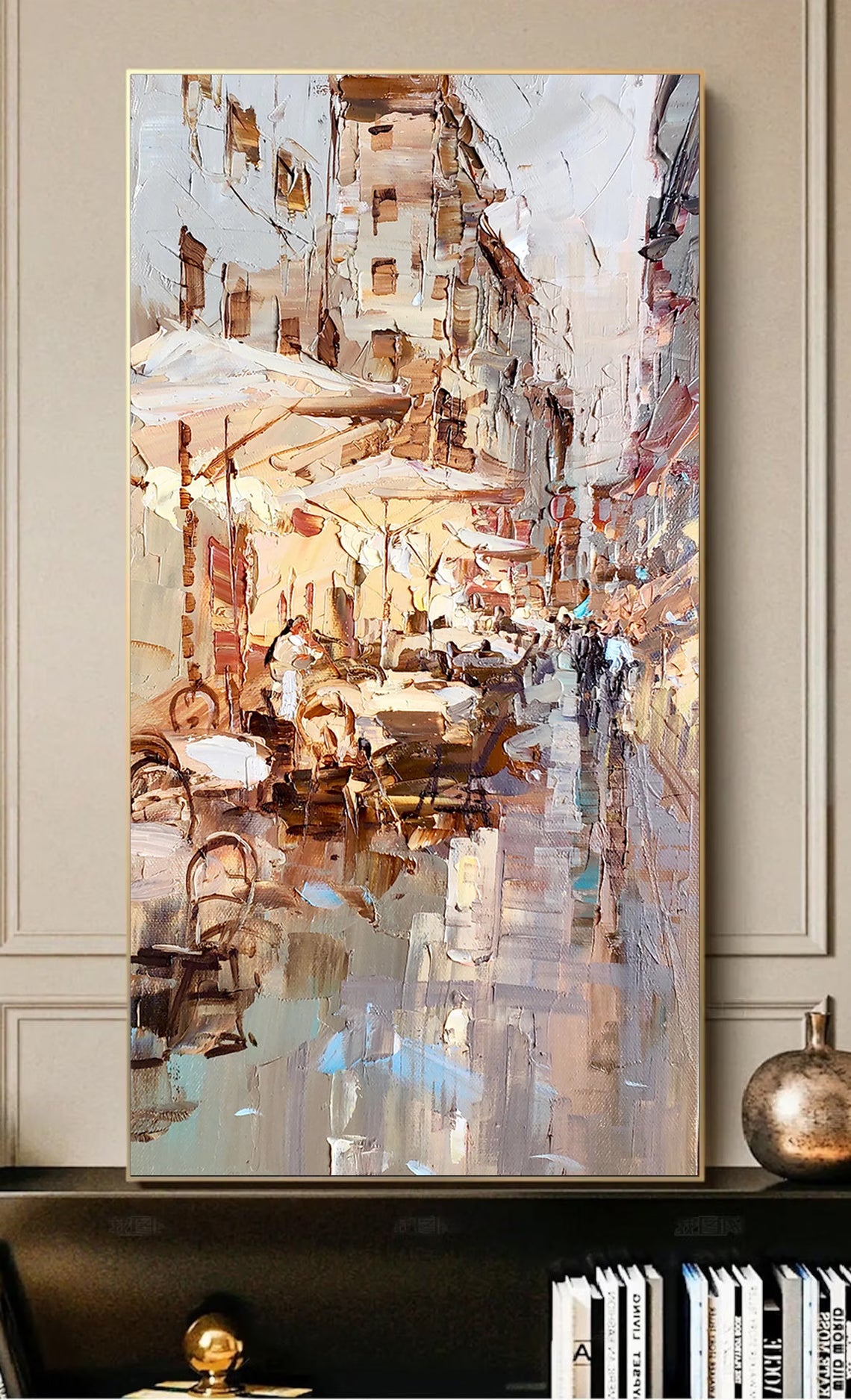 a painting of a city street with people walking