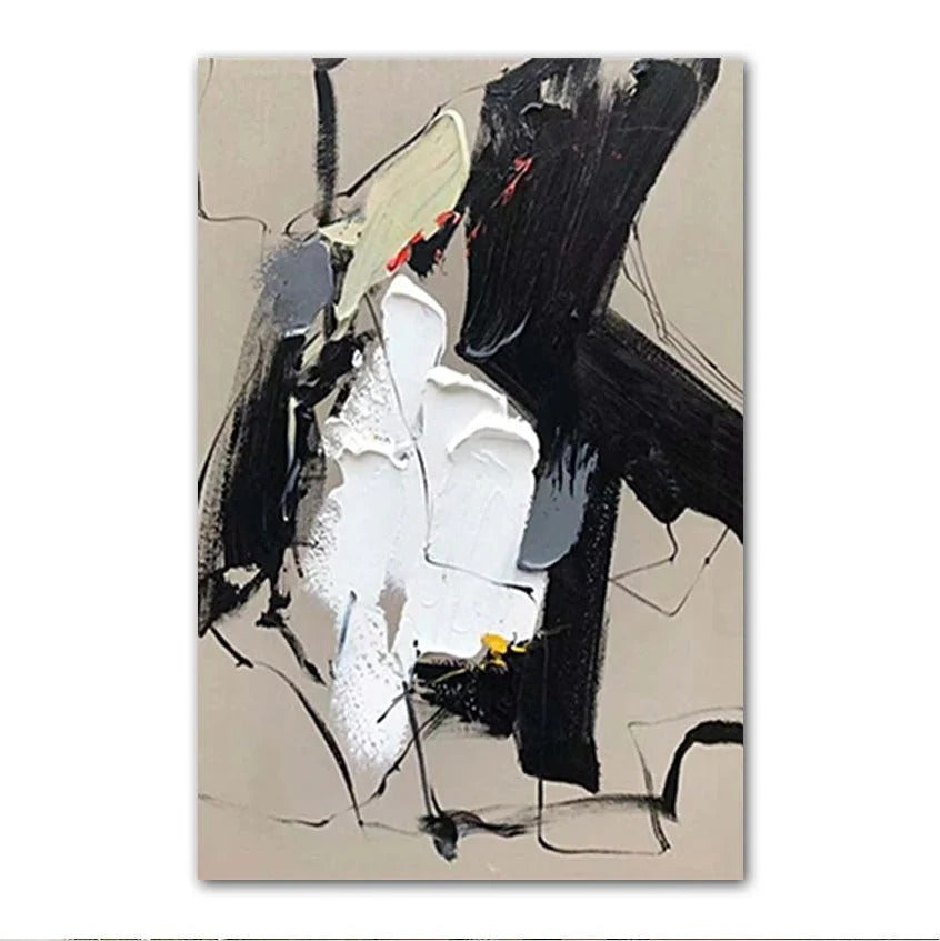 The image is an abstract painting featuring bold brushstrokes in black, white, and gray colors.