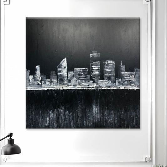 a black and white painting of a city skyline