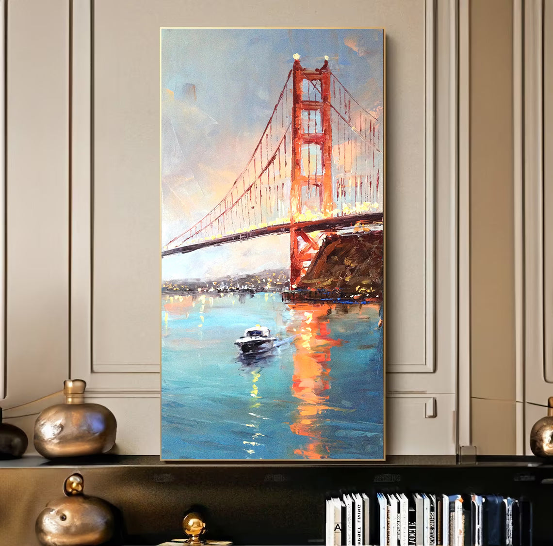 a painting of a boat in the water near a bridge