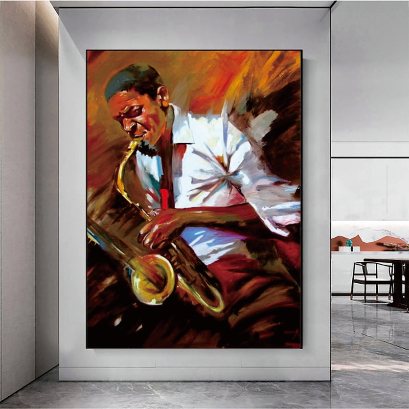 a painting of a man playing a saxophone