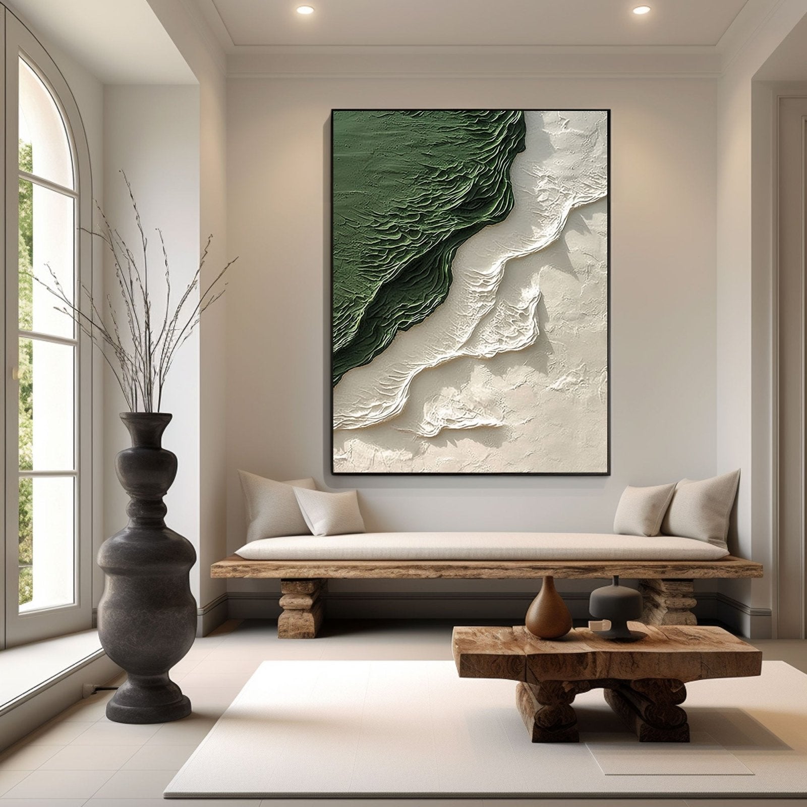 a modern living room with a large abstract painting on the wall, a wooden bench, a wooden coffee table, and a tall black vase with branches.