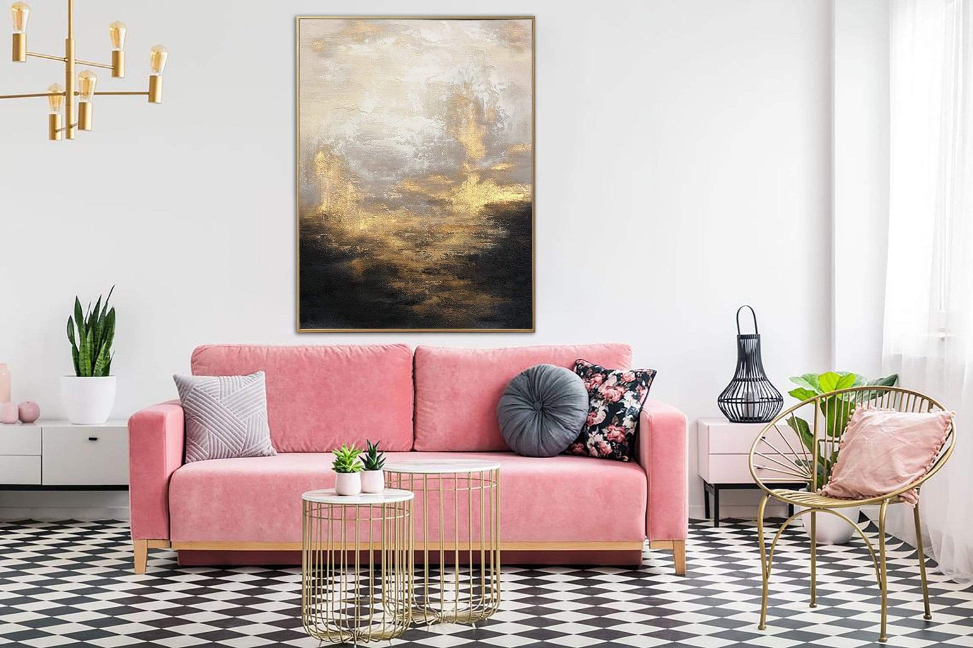 a living room with a pink couch and a black and white checkered floor