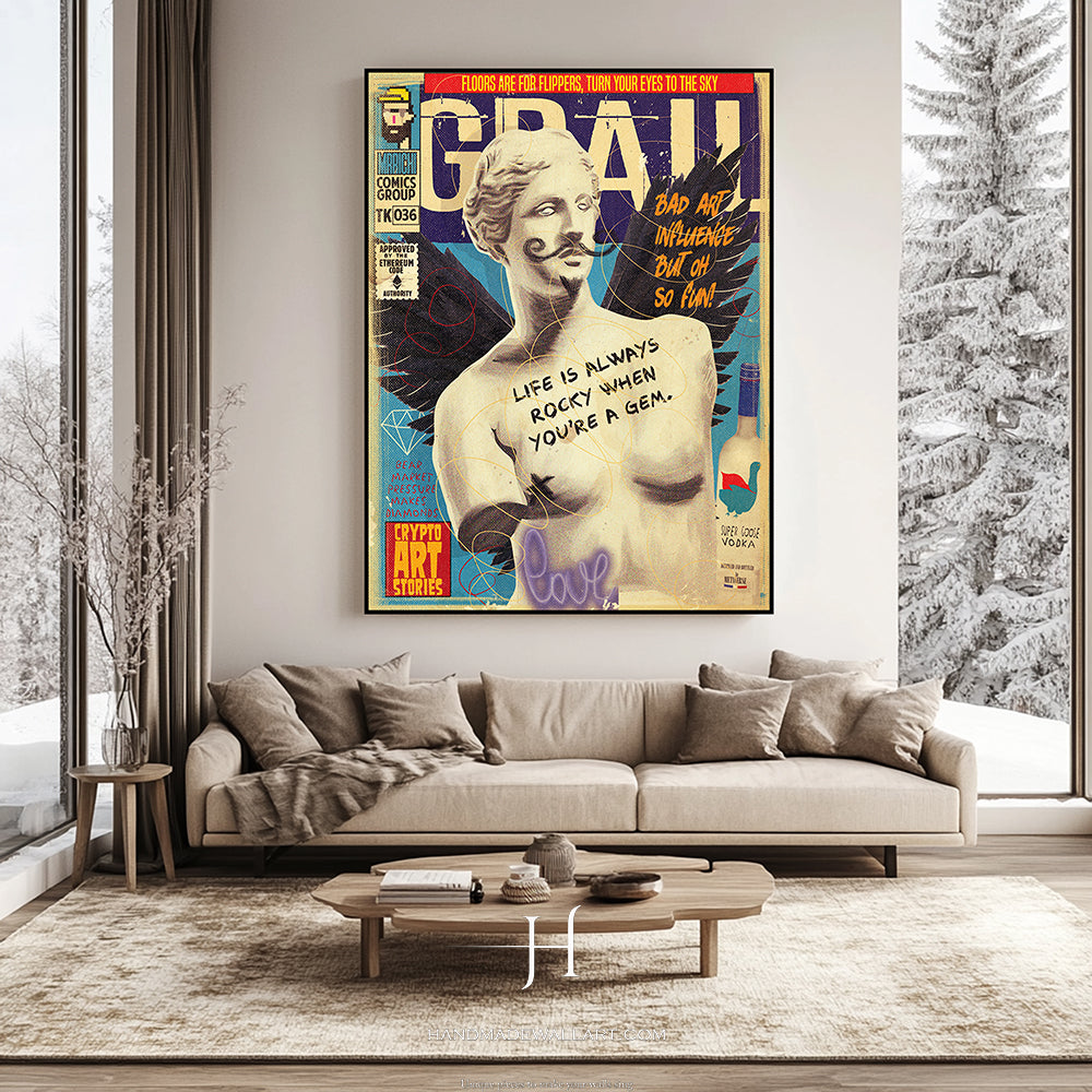 a living room with a couch and a painting on the wall