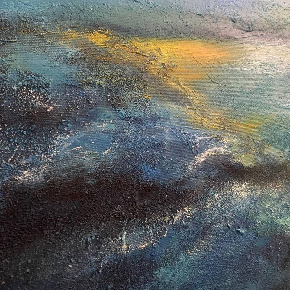 The image is an abstract painting with a mix of blue, yellow, and black colors, creating a dynamic and textured composition.