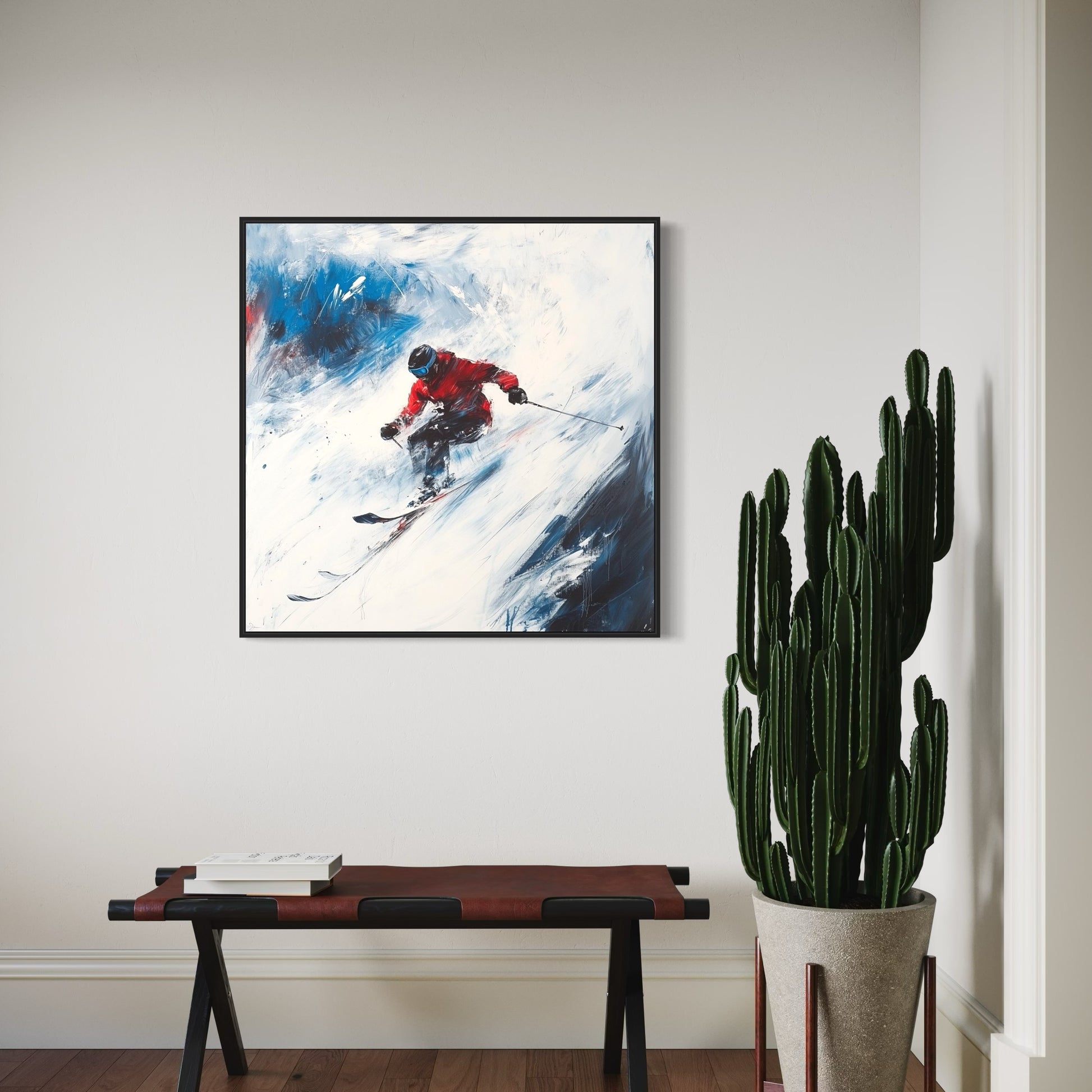 a painting of a skier on a snowy mountain