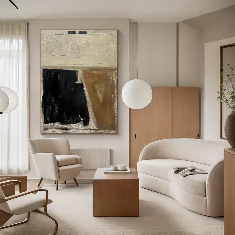 a modern living room with a large abstract painting on the wall, a white sofa, a wooden coffee table, and a wooden chair.