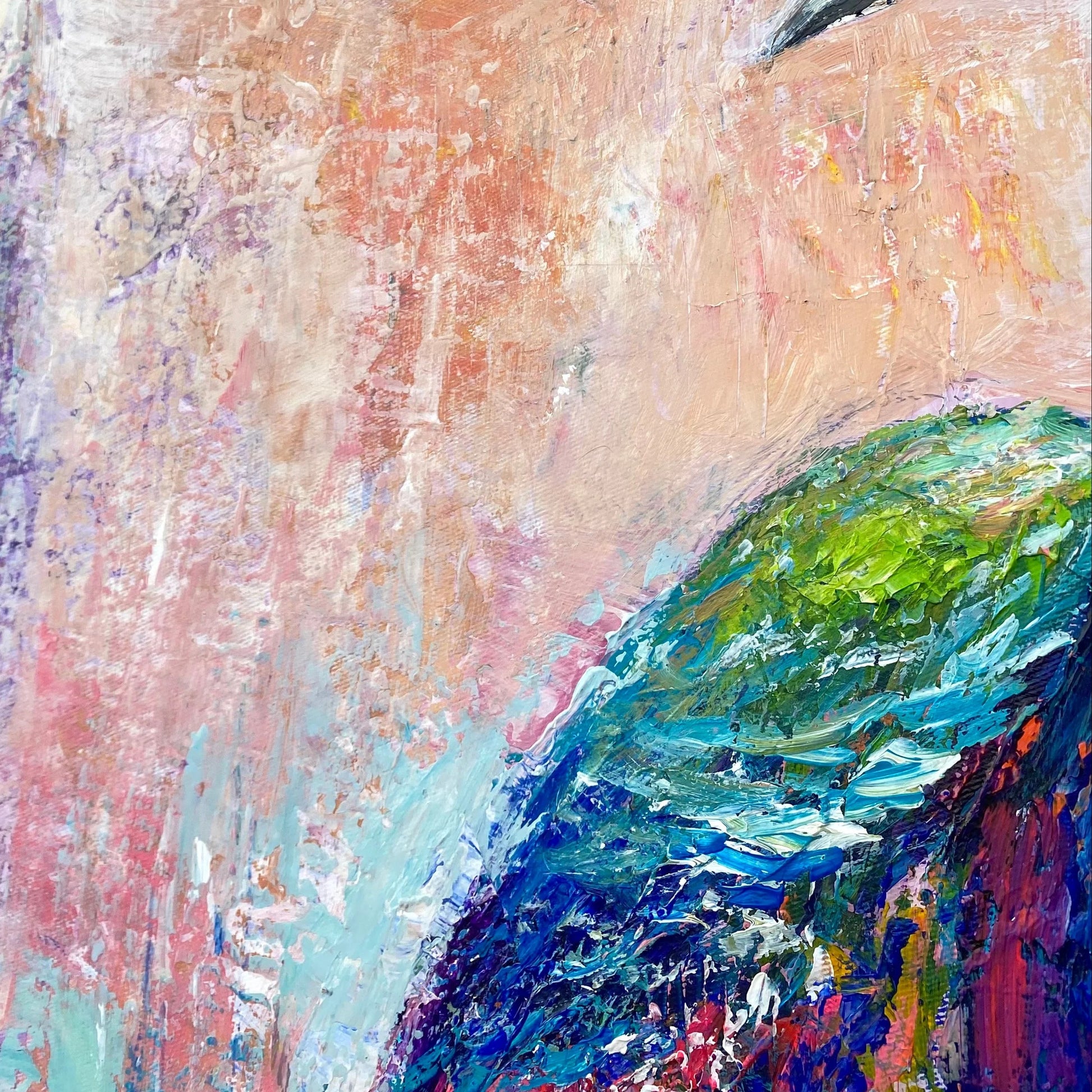 The image is an abstract painting with a vibrant mix of colors and brushstrokes, creating a dynamic and energetic composition.