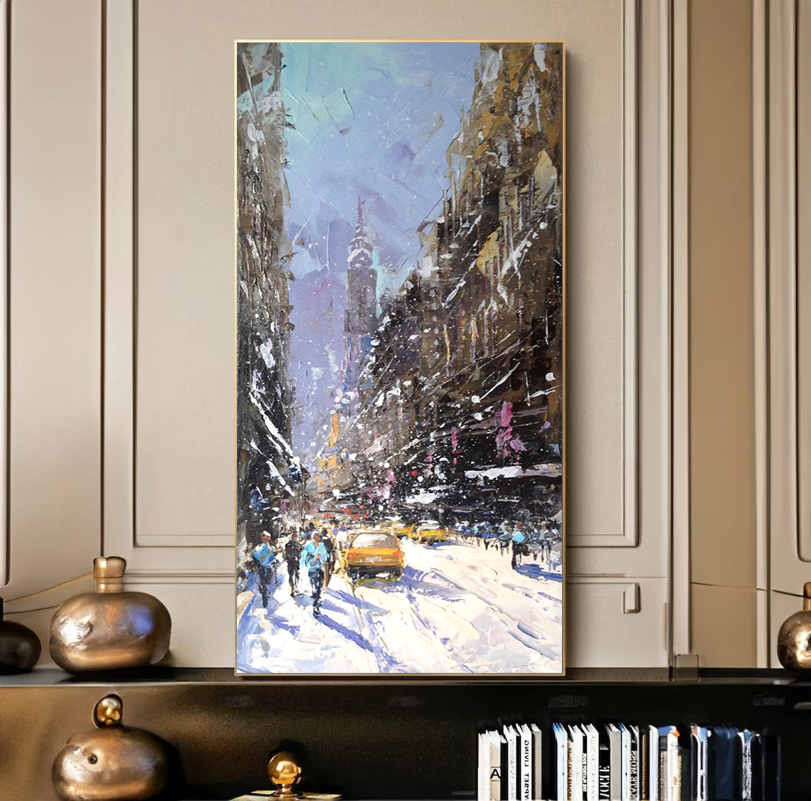 a painting of people walking down a snowy street