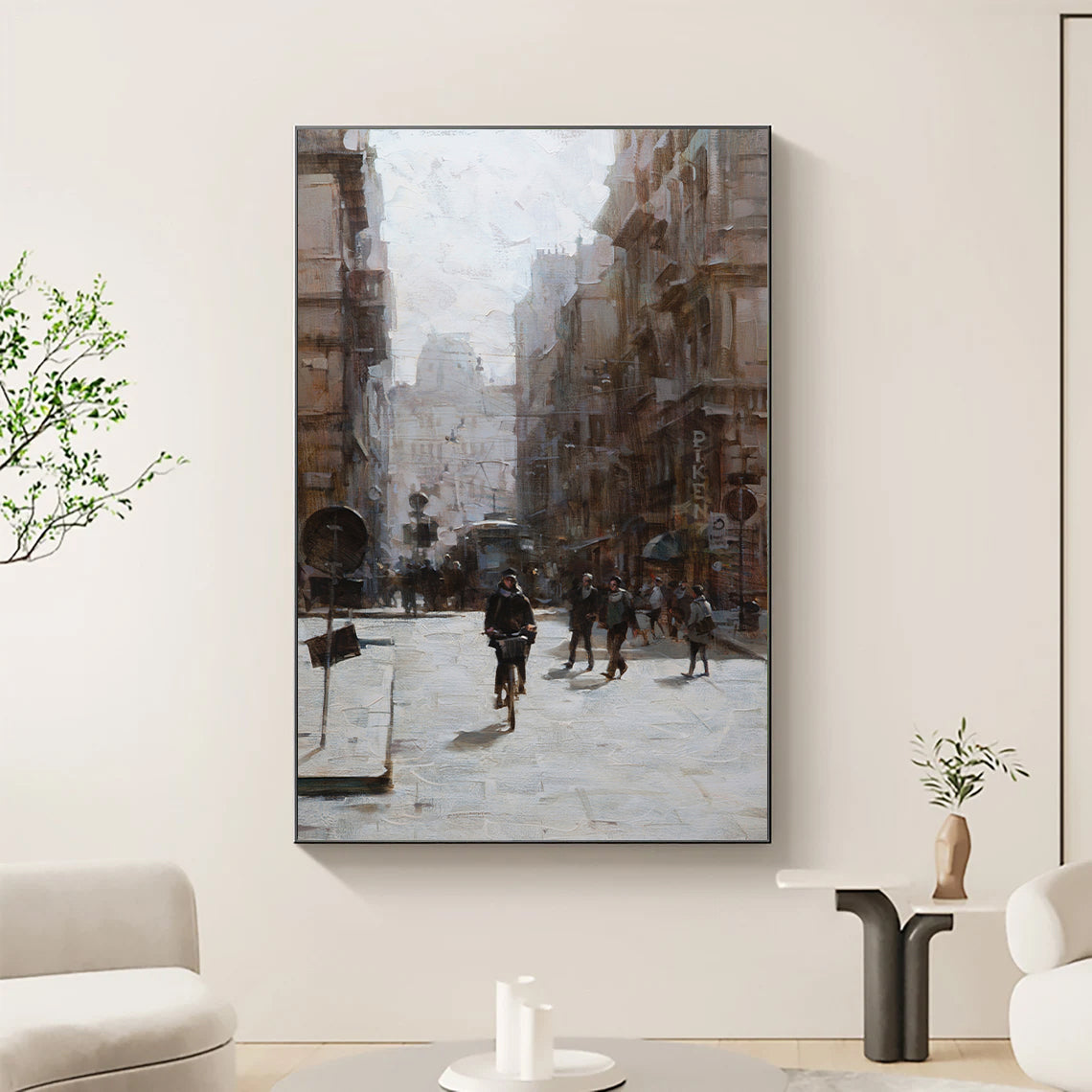 a painting of people walking down a city street