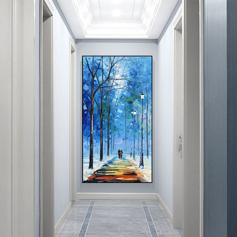 a painting of a person walking down a hallway