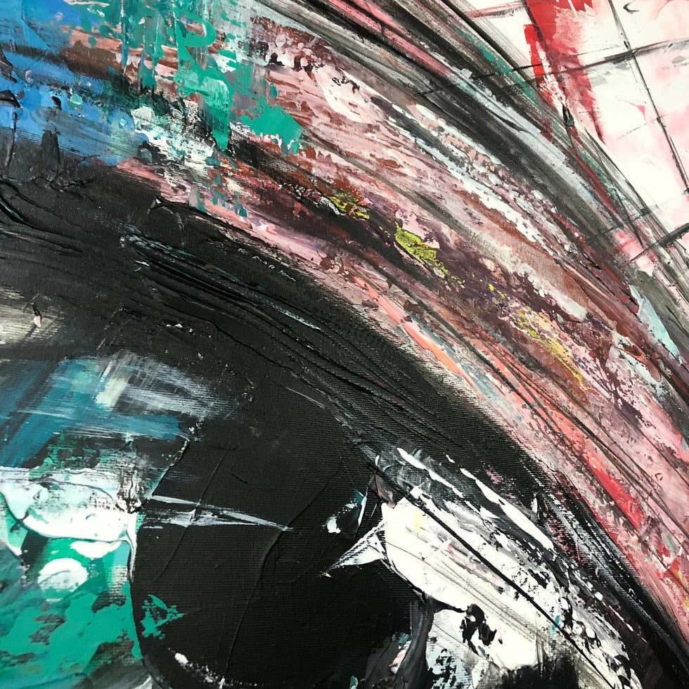 The image is an abstract painting with bold, expressive brushstrokes in various colors including black, red, blue, and green. The painting has a dynamic and energetic composition, with a sense of movement and emotion.
