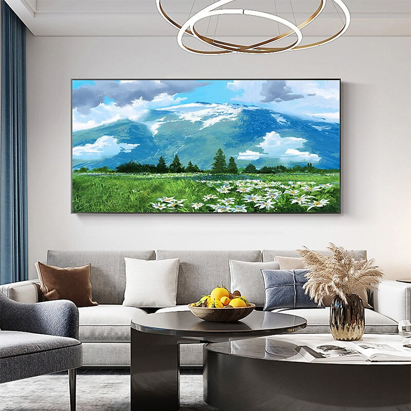 a living room with a large painting on the wall