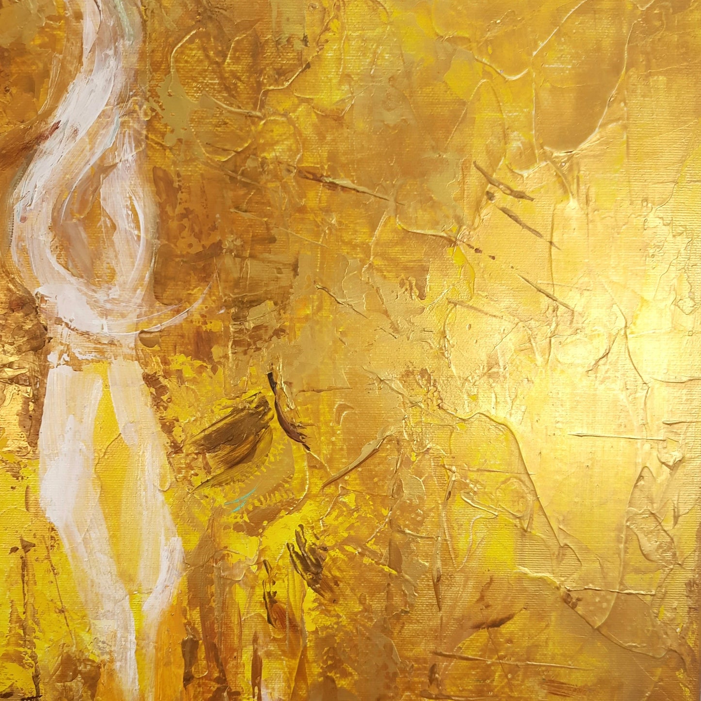 The image is an abstract painting with a golden background and a white figure in the center. The painting has a textured and layered appearance, with brushstrokes and splatters creating a sense of depth and movement.