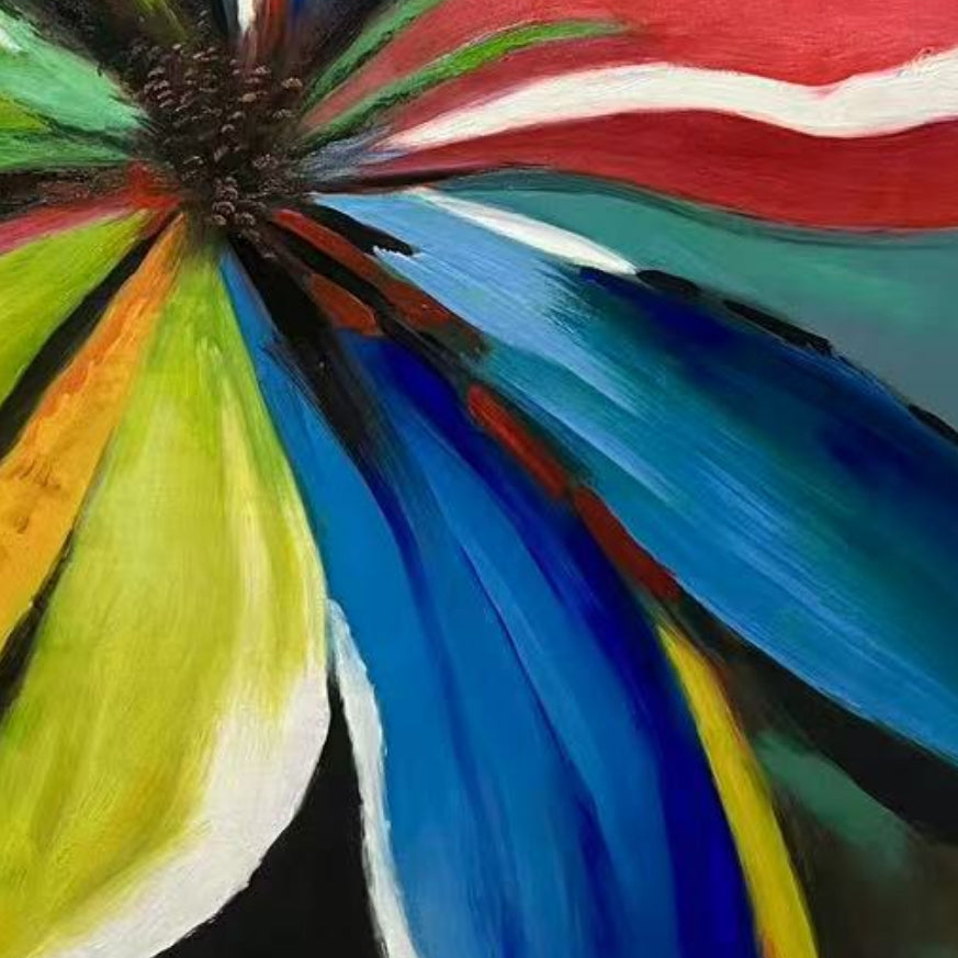 a painting of a colorful flower on a black background