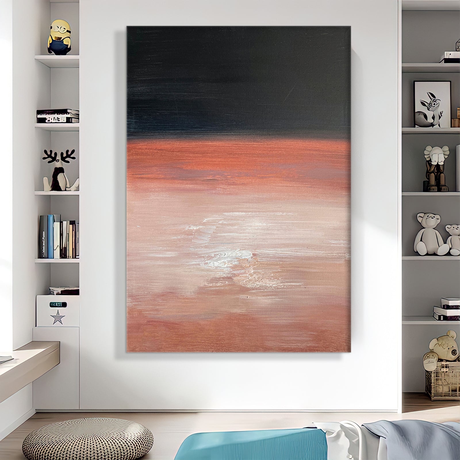 a painting hanging on a wall in a living room