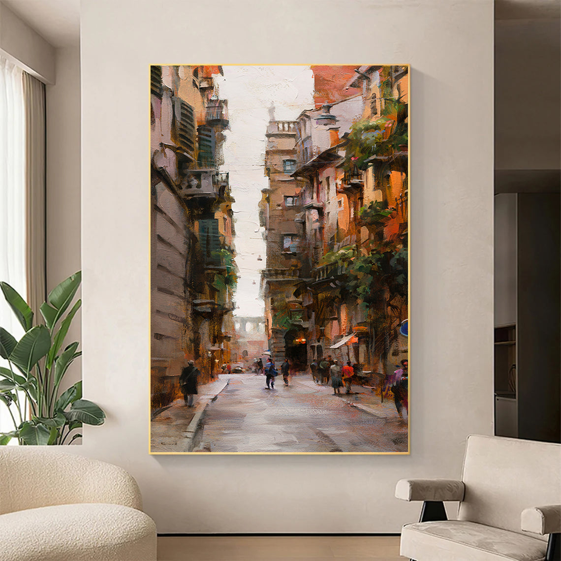 a painting of a city street with people walking down it