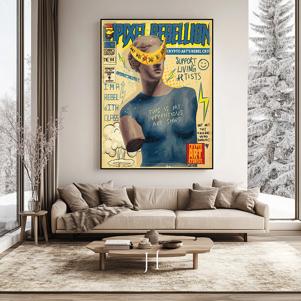 a living room with a couch and a painting on the wall