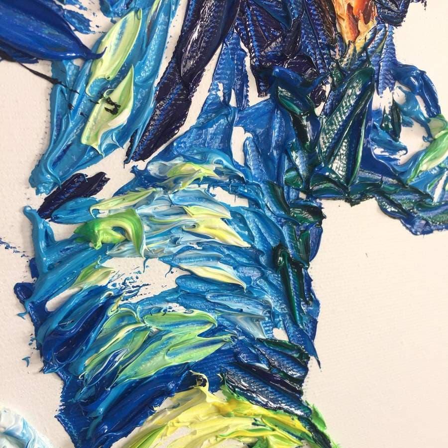 The image is a close-up of a painting with a vibrant mix of blue, green, and yellow colors. The painting appears to be a large, abstract piece with a dynamic and energetic composition.