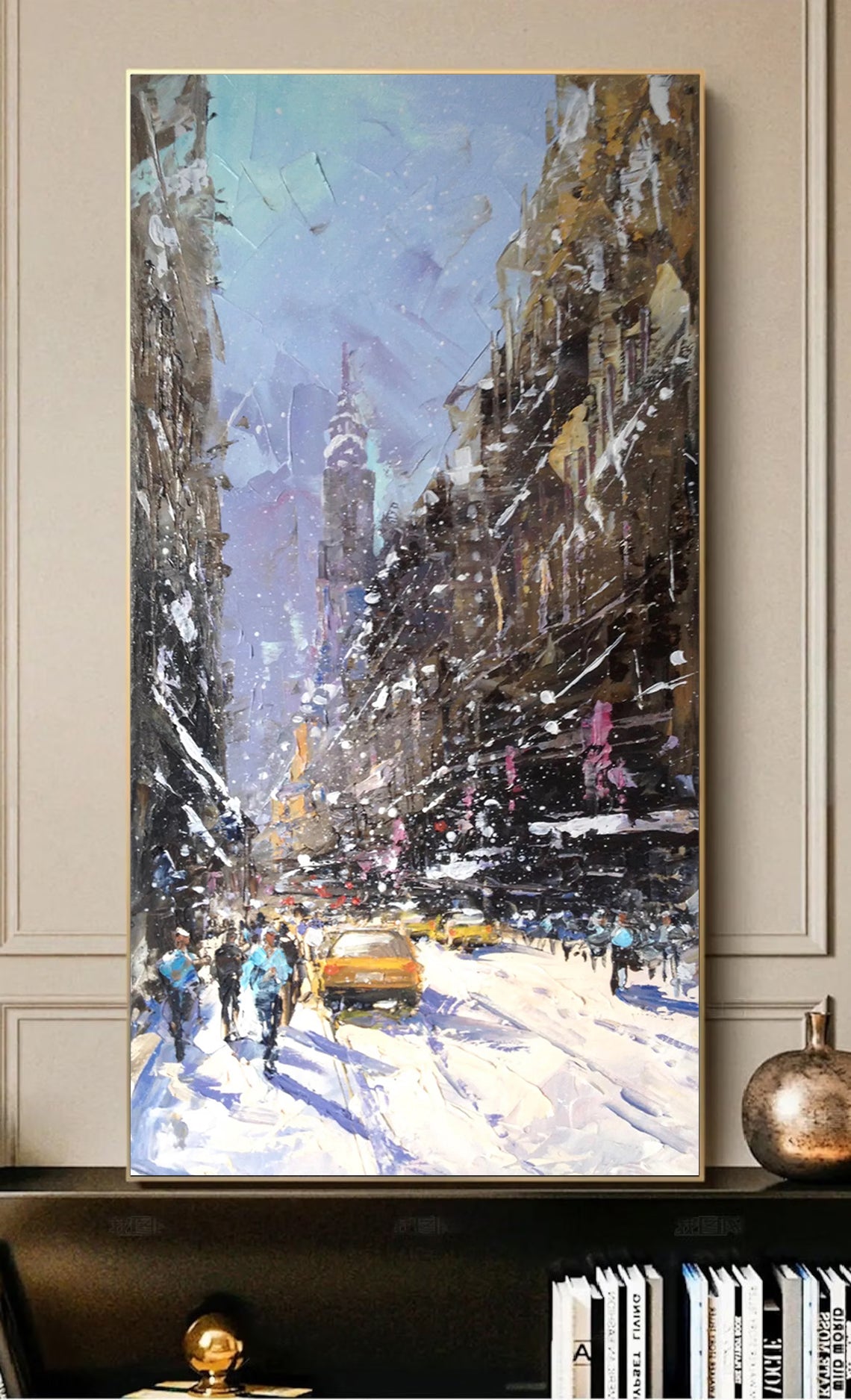 a painting of people walking down a snowy street