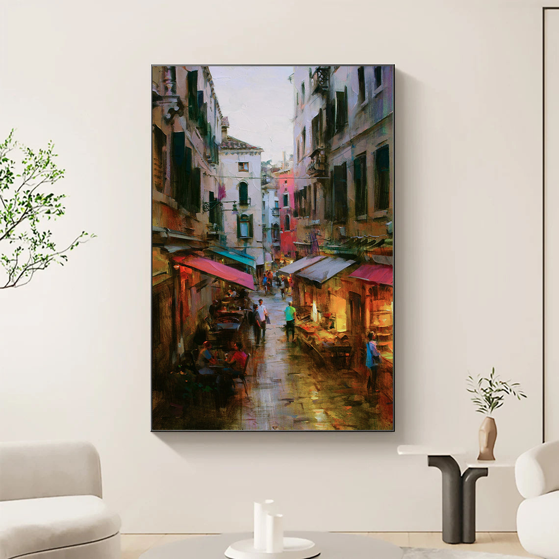 a painting of people walking down a street