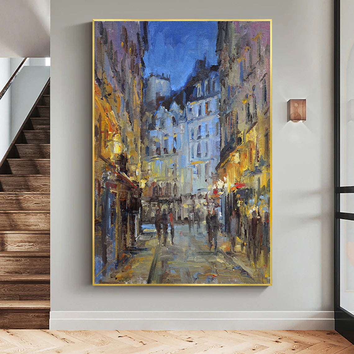 a painting of a city street at night