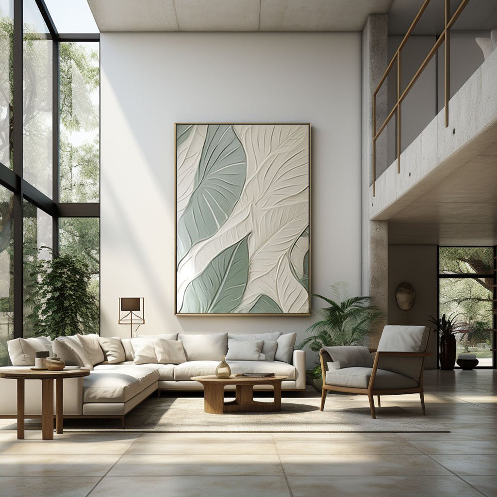a spacious and modern living room with large windows, a high ceiling, and a large abstract painting on the wall. The room features a large sectional sofa, a wooden coffee table, and a wooden chair. The overall design and decor create a serene and inviting atmosphere.