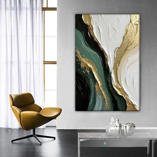 a modern living room with a large abstract painting on the wall, a yellow armchair, and a glass coffee table with various decorative items.