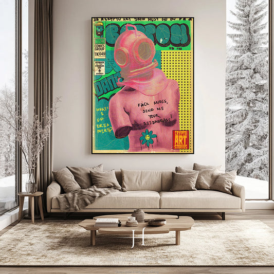 a living room with a couch and a painting on the wall