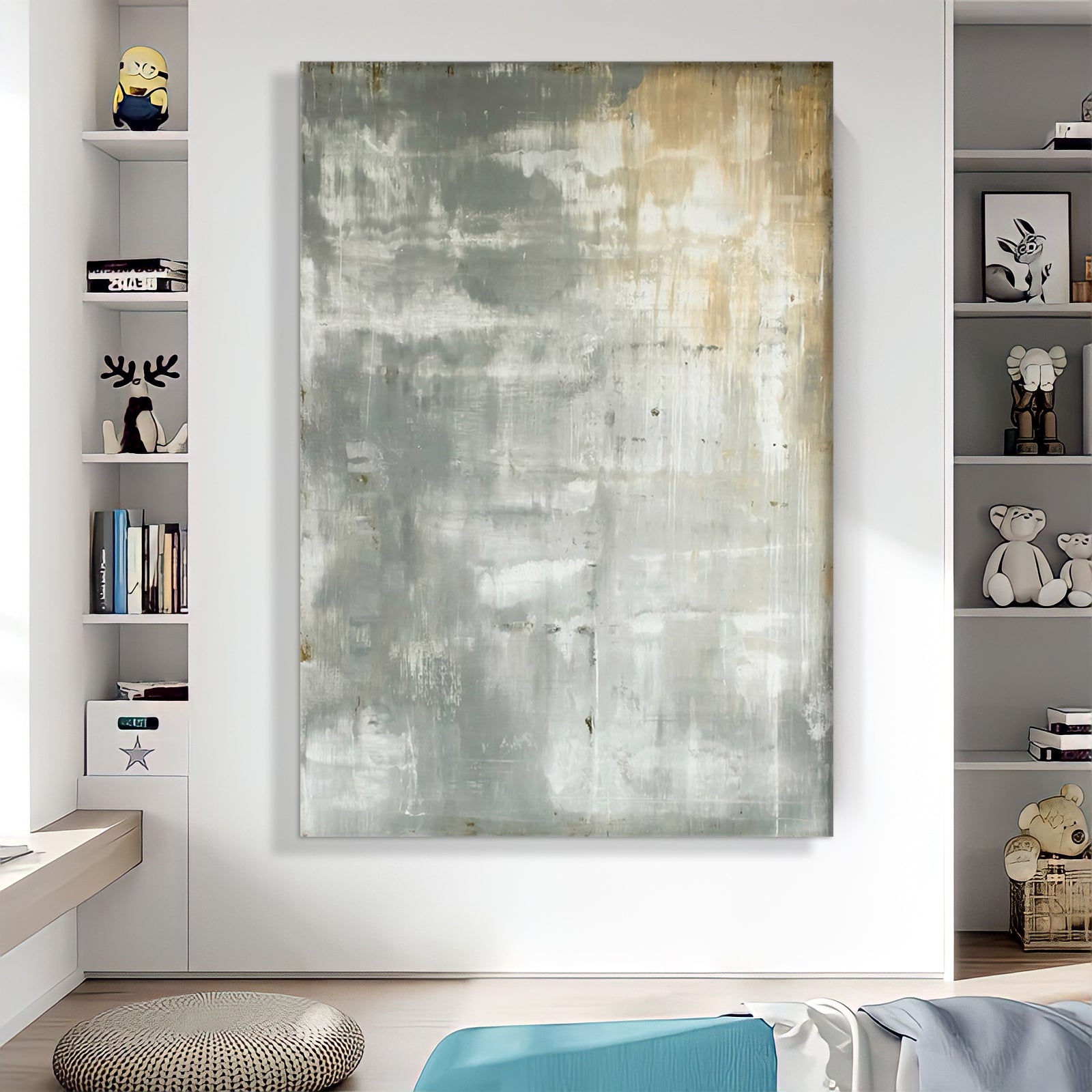 a painting hanging on a wall in a living room