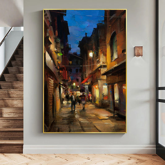 a painting of a city street at night