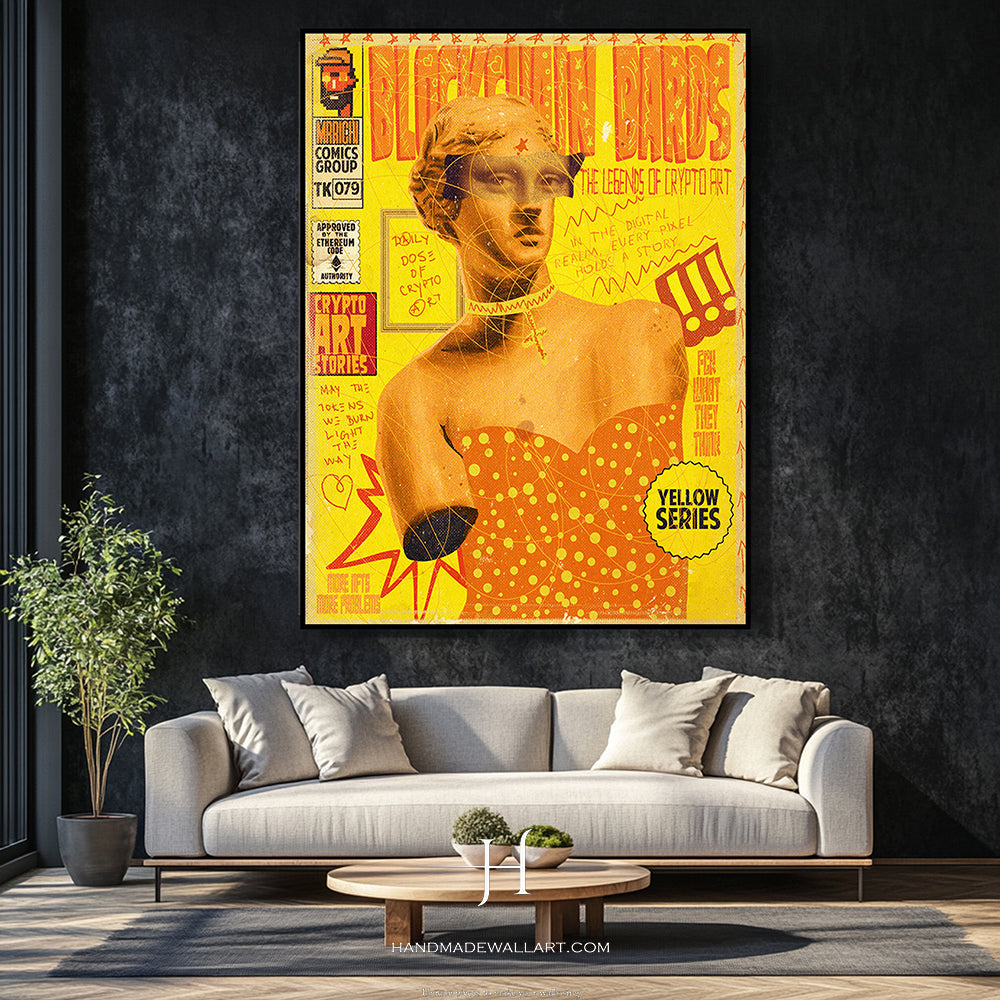 a living room with a couch and a painting on the wall