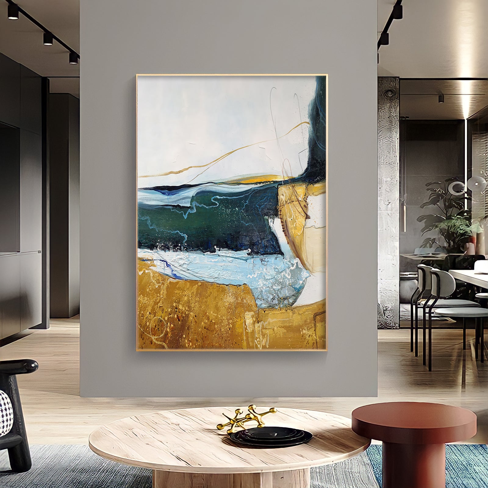 a painting hanging on a wall in a living room