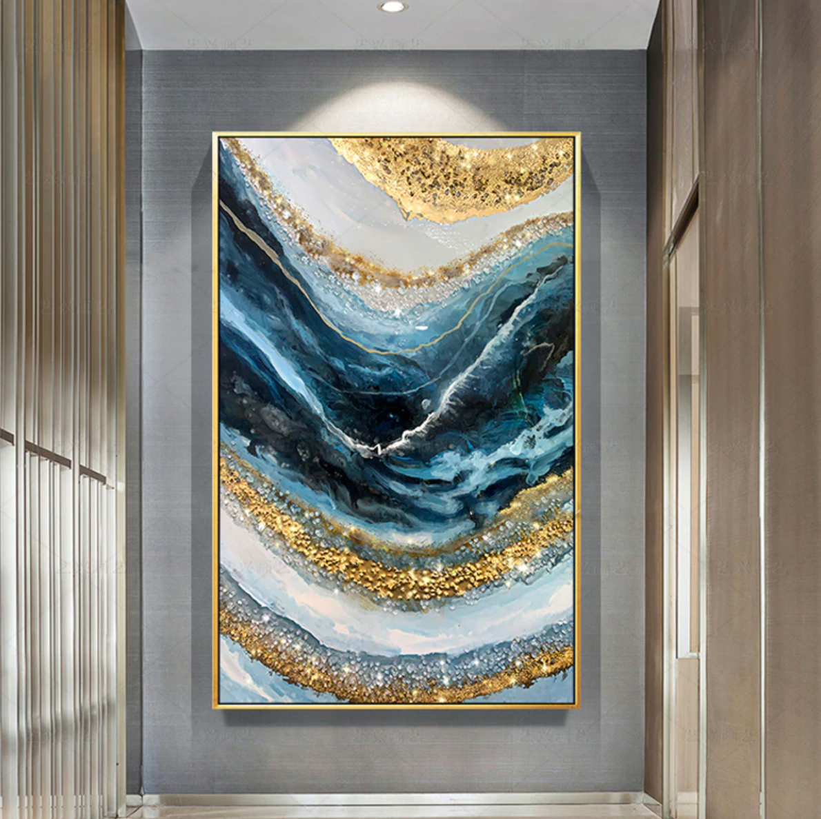 a painting hanging on a wall in a hallway